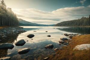 a lake surrounded by trees and grass at sunrise photo