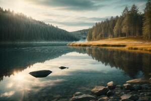 un lago rodeado por arboles y césped a amanecer foto