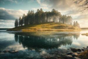 a mountain range is reflected in the water at sunset photo