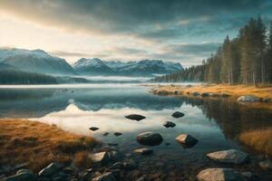 a lake surrounded by trees and grass at sunrise photo