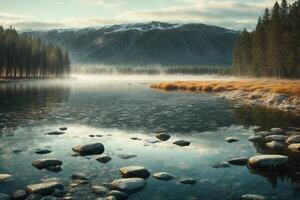 un lago rodeado por arboles y césped a amanecer foto