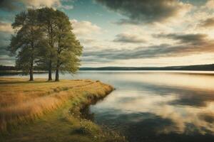 un lago rodeado por arboles y césped a amanecer foto