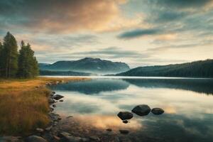 a lake surrounded by trees and rocks photo