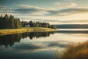 un lago rodeado por arboles y rocas foto