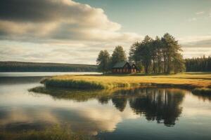 a lake surrounded by trees and rocks photo