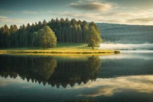 a mountain range is reflected in the water at sunset photo