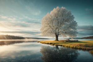 a tree sits on the shore of a lake at sunrise photo