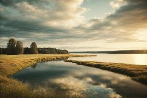 a lake with rocks and trees at sunset photo