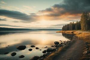 un lago con rocas y arboles a puesta de sol foto