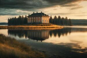 un castillo se sienta en un isla en el medio de un lago foto