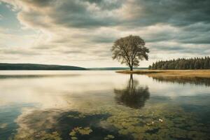 a lake surrounded by trees and grass under a cloudy sky photo