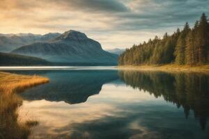 a lake surrounded by trees and grass under a cloudy sky photo