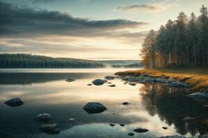 a lake surrounded by trees and grass under a cloudy sky photo