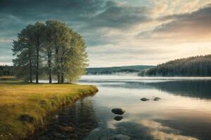 a path leads to a lake and mountains in the background photo