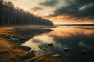 a lake with trees and a cloudy sky photo