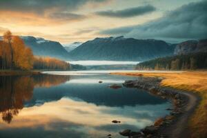 a lake with trees and a cloudy sky photo