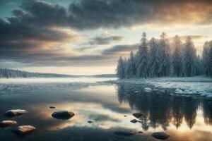 a lake with trees and a cloudy sky photo