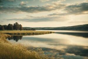 a lake with trees and a cloudy sky photo