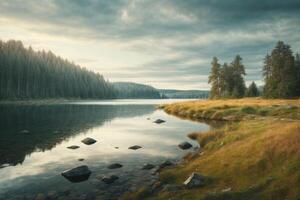 un camino Guías a un lago rodeado por arboles foto