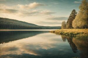 a path leads to a lake surrounded by trees photo