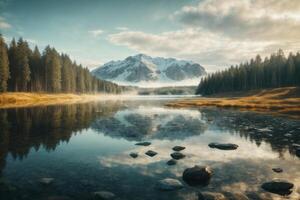 un camino Guías a un lago rodeado por arboles foto