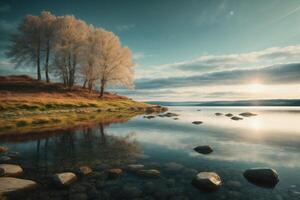 un camino Guías a un lago rodeado por arboles foto