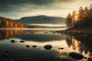 a path leads to a lake surrounded by trees photo