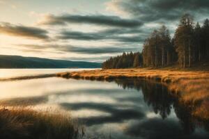 a beautiful lake surrounded by trees and rocks photo