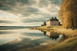 a red house sits on the shore of a lake photo