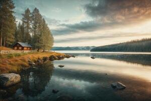 a beautiful lake surrounded by trees and rocks photo