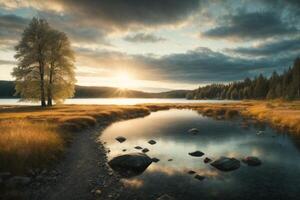 a mountain lake surrounded by grass and trees photo