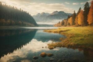 a mountain lake surrounded by grass and trees photo