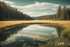 a mountain lake surrounded by grass and trees photo