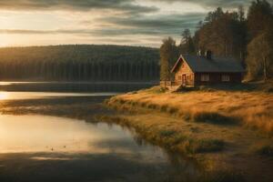 a red house sits on the shore of a lake photo