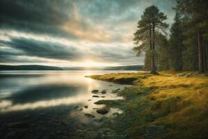 a mountain lake surrounded by grass and trees photo