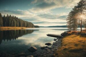 un montaña lago rodeado por césped y arboles foto