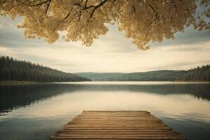 a wooden dock in front of a lake with trees photo