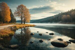 autumn landscape with trees and water photo