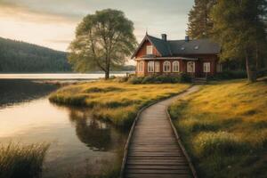 a red house sits on the shore of a lake photo