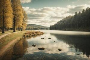 un lago con rocas y arboles en el primer plano foto