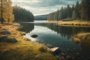 a lake with rocks and trees in the foreground photo