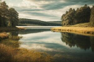 a lake with rocks and trees in the foreground photo