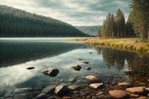 un lago con rocas y arboles en el primer plano foto