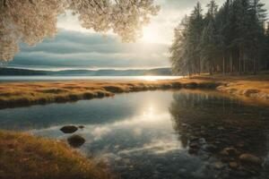 a lake with rocks and trees in the foreground photo