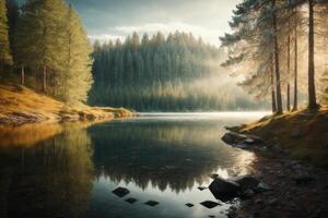 a lake with rocks and trees in the foreground photo