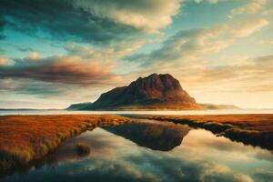 un lago con rocas y arboles en el primer plano foto