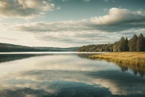 a lake surrounded by trees and rocks photo