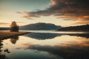 a lake surrounded by trees and rocks photo