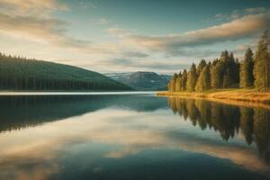 a lake surrounded by trees and rocks photo