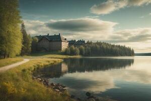 un lago rodeado por arboles y rocas foto